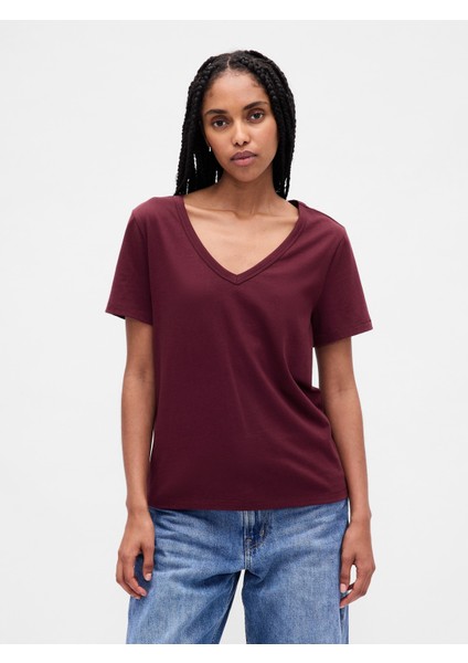 Kadın Bordo Organik Pamuk Vintage V Yaka T-Shirt