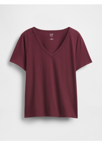 Kadın Bordo Organik Pamuk Vintage V Yaka T-Shirt fiyatları