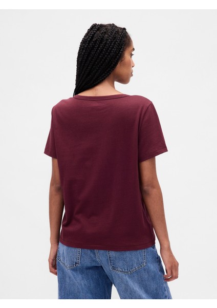Kadın Bordo Organik Pamuk Vintage V Yaka T-Shirt fırsatları