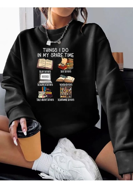 Books Baskılı Bisiklet Yaka Siyah Sweatshirt