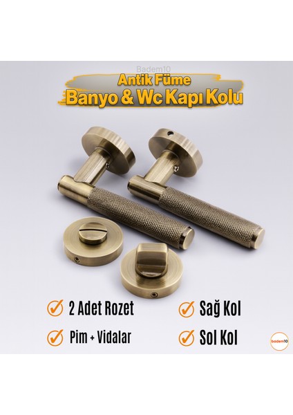Antik Füme Wc Banyo Tipi Kapı Kolu Rozetli Sağ Sol Uygun Modern Iç Kapı Kilitli 1 Takım