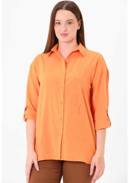 Gül Nakışlı Gömlek Oranj