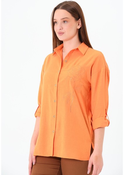 Gül Nakışlı Gömlek Oranj fırsatları