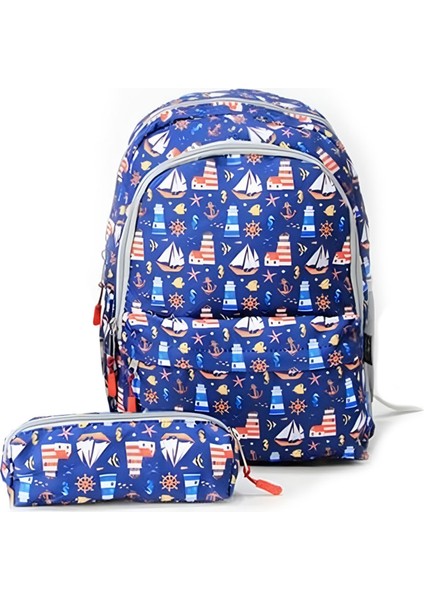 3 Bölmeli Askılı Çocuk Okul Çantası ve Kalemlik Seti Deniz Temalı Sırt Çanta - FC1110