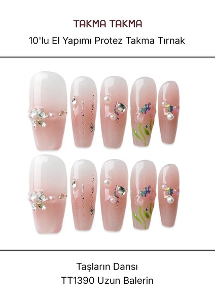 10'lu Pembe Uzun Balerin TT1390 Tekrar Kullanılabilir El Yapımı Protez Takma Tırnak - Pembe-L fırsatları