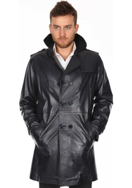 Hakiki Deri Siyah Oscar Uzun Düğmeli Erkek Deri Ceket