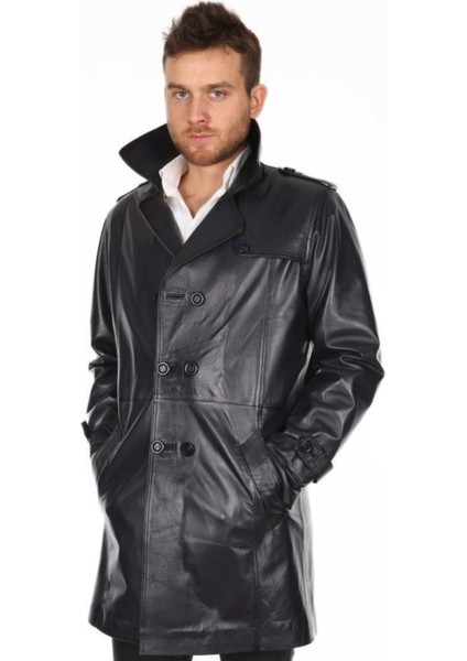Hakiki Deri Siyah Oscar Uzun Düğmeli Erkek Deri Ceket modelleri