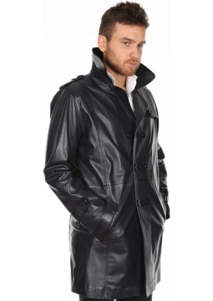 Hakiki Deri Siyah Oscar Uzun Düğmeli Erkek Deri Ceket fırsatları