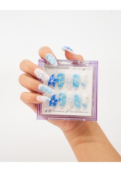 10'lu Mavi Uzun Badem TT1363 Tekrar Kullanılabilir El Yapımı Protez Takma Tırnak - Mavi-M