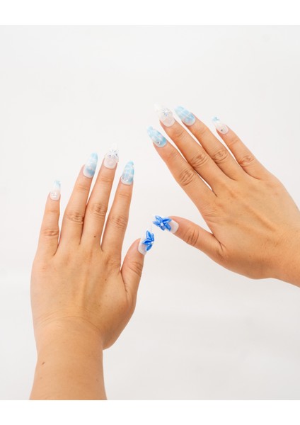 10'lu Mavi Uzun Badem TT1363 Tekrar Kullanılabilir El Yapımı Protez Takma Tırnak - Mavi-M