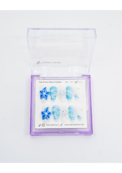 10'lu Mavi Uzun Badem TT1363 Tekrar Kullanılabilir El Yapımı Protez Takma Tırnak - Mavi-M