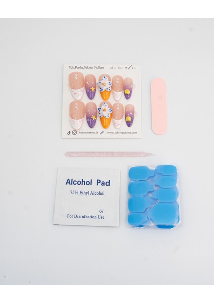 10'lu Renkli Uzun Badem TT1364 Tekrar Kullanılabilir El Yapımı Protez Takma Tırnak - Renkli-L