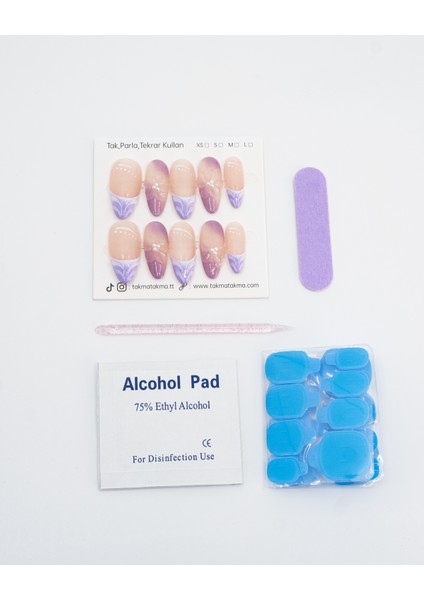 15'li Mor Uzun Badem TT1381 Tekrar Kullanılabilir El Yapımı Protez Takma Tırnak - Mor-S