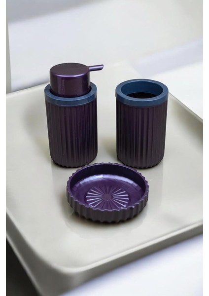 Parça Sert Plastik Banyo Seti/sıvı Sabunluk, Diş Fırçalık ve Katı Sabunluk-Mürdüm