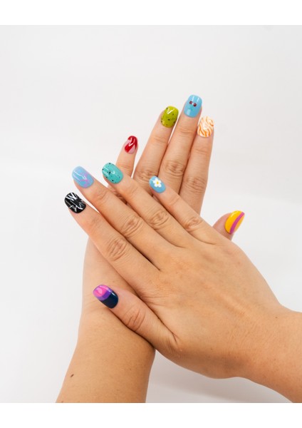 10'lu Renkli Kısa Yuvarlak TT1361 Tekrar Kullanılabilir El Yapımı Protez Takma Tırnak - Renkli-XS