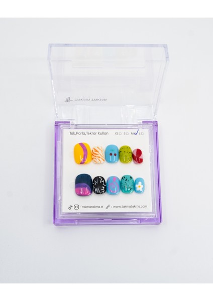 10'lu Renkli Kısa Yuvarlak TT1361 Tekrar Kullanılabilir El Yapımı Protez Takma Tırnak - Renkli-XS