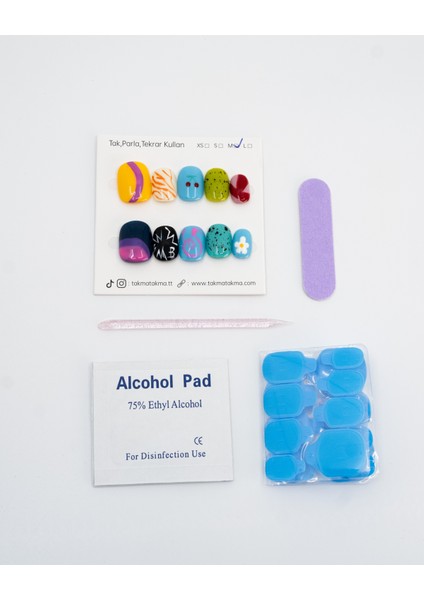 10'lu Renkli Kısa Yuvarlak TT1361 Tekrar Kullanılabilir El Yapımı Protez Takma Tırnak - Renkli-XS