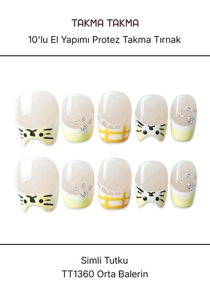 10'lu Sarı Orta Balerin TT1360 Tekrar Kullanılabilir El Yapımı Protez Takma Tırnak - Sarı-L fırsatları