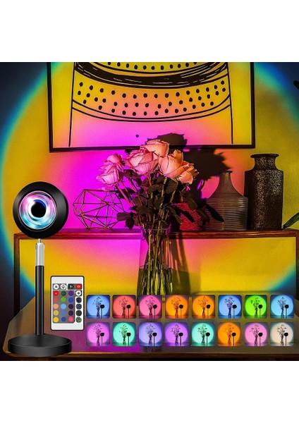 Rgb Sunset Gün Batımı Projektör, 16 Renk Modlu, LED Ambiyans Işığı, Hd Kristal Lens, 360° Döner Başlık, Uzaktan Kumandalı, Ayarlanır Parlaklık, Fotoğraf ve Sosyal Medya Için Dekoratif Lamba