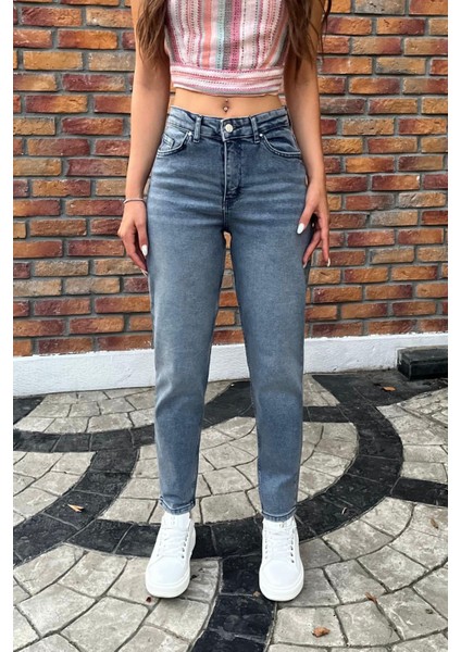 Kadın Yüksek Bel Boyfriend Likralı Kot Pantolon