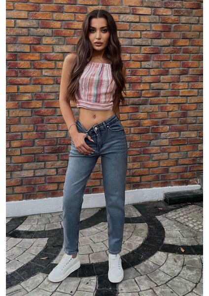 Kadın Yüksek Bel Boyfriend Likralı Kot Pantolon