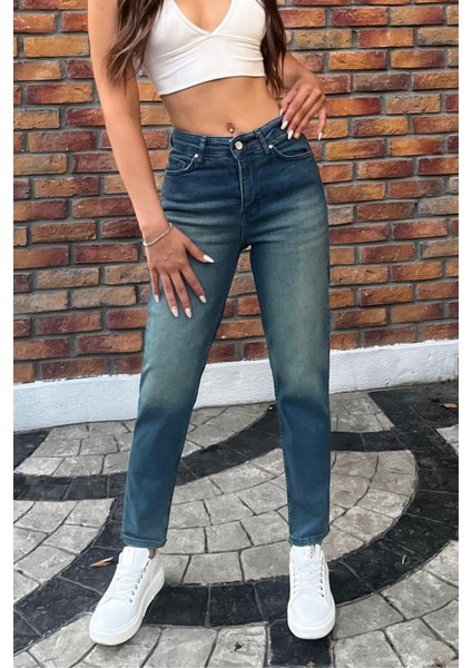 Kadın Yüksek Bel Boyfriend Likralı Kot Pantolon