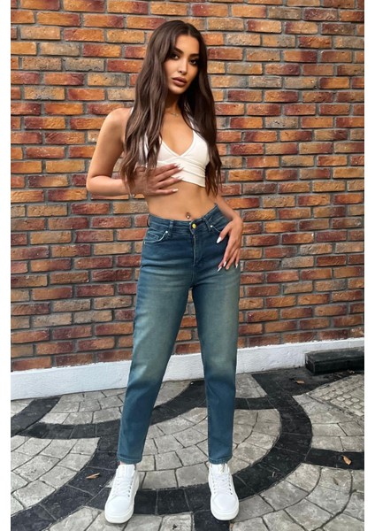 Kadın Yüksek Bel Boyfriend Likralı Kot Pantolon