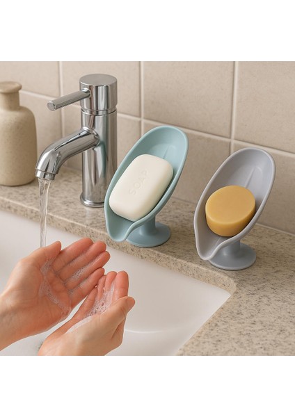 Store Vantuzlu Su Giderli Sabunluk 2 Li Set - Kaymaz, Kendiliğinden Su Akıtmalı, Tezgah Üstü Sabunluk - Banyo & Mutfak Için Pratik Sabun Tutucu