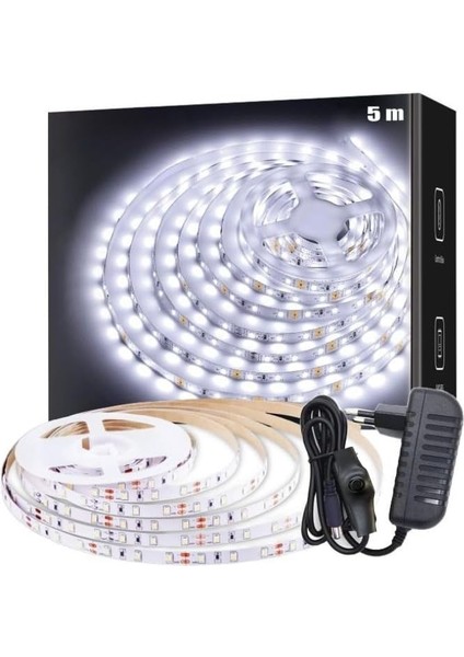 SB-6501 Şerit LED Işık Aydınlatma Seti Aç/kapa Butonlu, Adaptörlü, Mutfak Tezgah, Çalışma Masası, Dolap ve Raf Işıklandırma, Dekoratif Aydınlatma (Beyaz, 500 Cm)