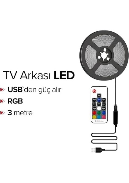 Arkası Animasyonlu Rgb Şerit LED Seti Kumandalı 3 Metre - Cata - 5V USB Girişli fiyatları
