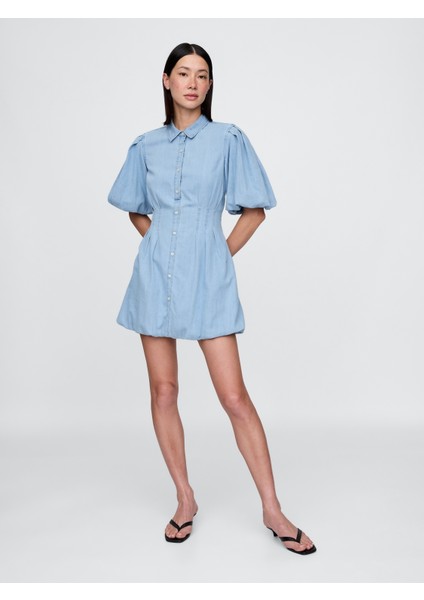 Kadın Açık Mavi Denim Bubble Mini Gömlek Elbisesi