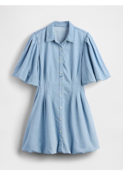 Kadın Açık Mavi Denim Bubble Mini Gömlek Elbisesi fiyatları