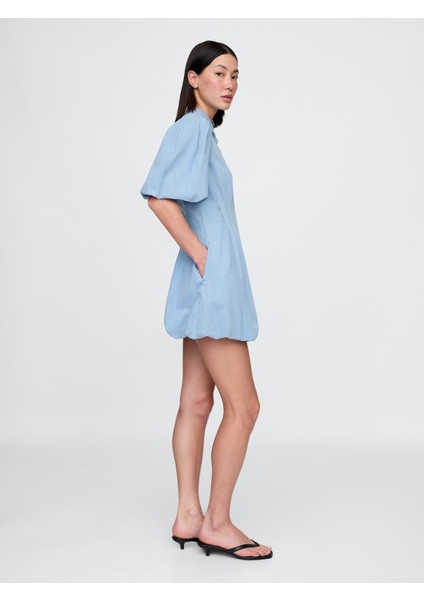 Kadın Açık Mavi Denim Bubble Mini Gömlek Elbisesi modelleri