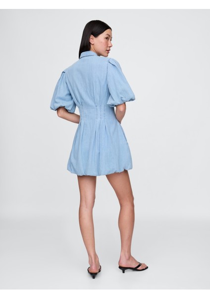 Kadın Açık Mavi Denim Bubble Mini Gömlek Elbisesi fırsatları
