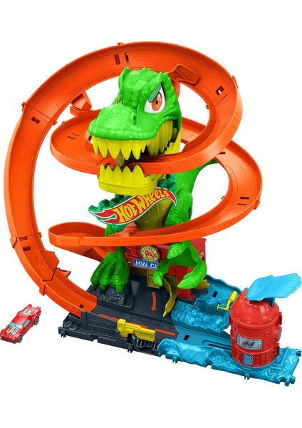 T-Rex ve Itfaiye Istasyonu Oyun Seti Hot T-Rex ve Itfaiye Istasyonu Oyun Seti ve 1:64 Ölçekli Metal Araba, Dinozorla Mücadele JBM73