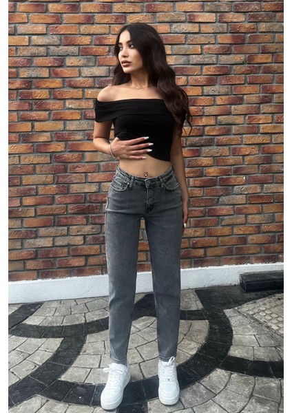 Kadın Yüksek Bel Boyfriend Likralı Kot Pantolon