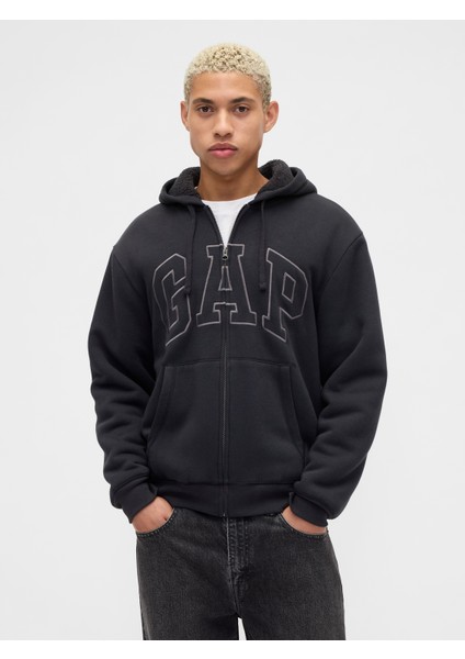 Erkek Siyah Relaxed Gap Logo Sherpa Astarlı Fermuarlı Sweatshirt