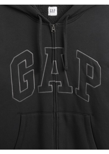 Erkek Siyah Relaxed Gap Logo Sherpa Astarlı Fermuarlı Sweatshirt modelleri