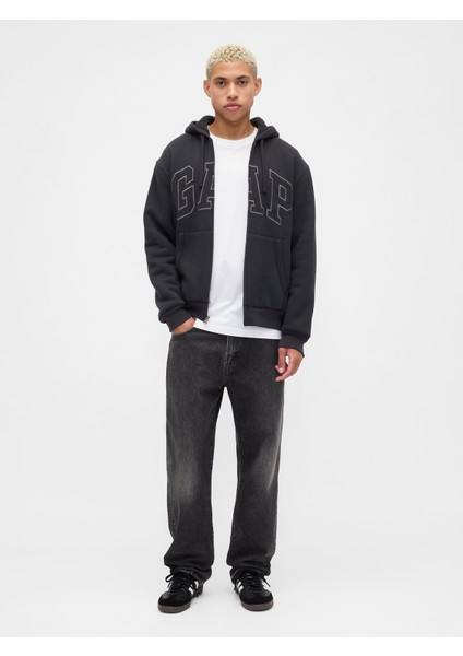 Erkek Siyah Relaxed Gap Logo Sherpa Astarlı Fermuarlı Sweatshirt indirimleri