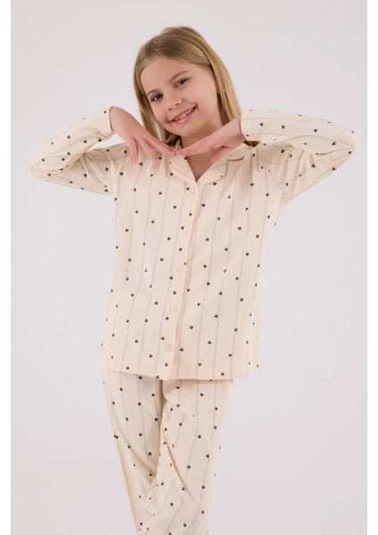 Uzun Kol Gömlek Yaka Önden Düğmeli Kız Çocuk Pijama Takım 3435 fiyatları