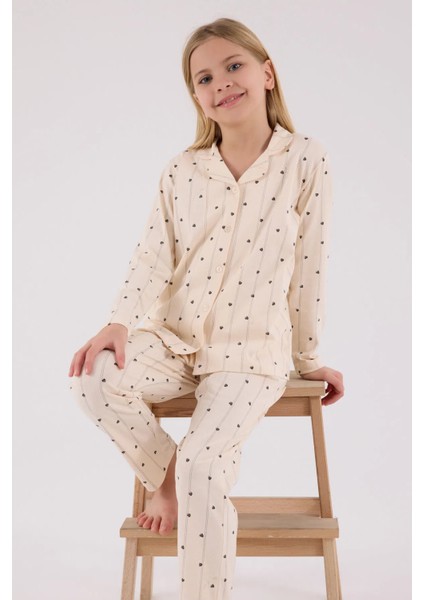 Uzun Kol Gömlek Yaka Önden Düğmeli Kız Çocuk Pijama Takım 3435 fırsatları