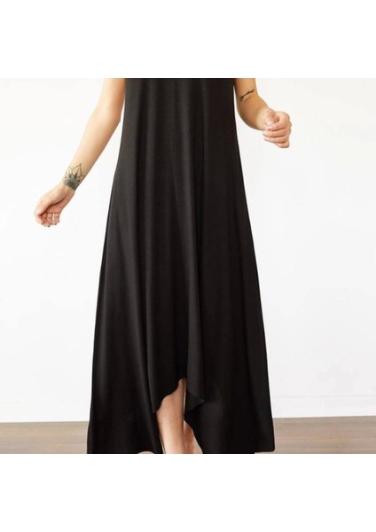 Kadın Çan Dokuma Kumaş V Yaka Asimetrik Kesim Elbise