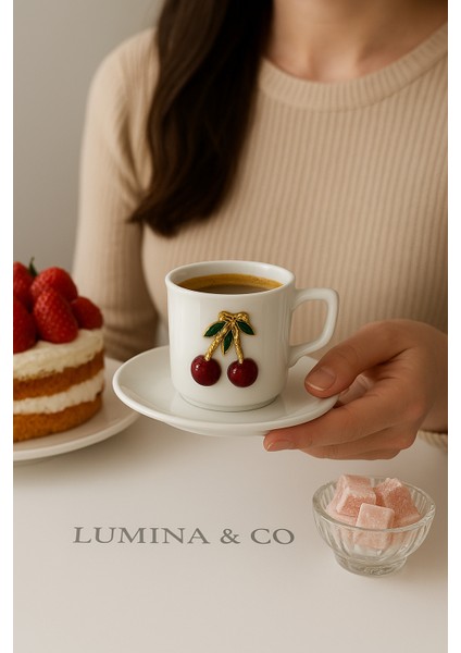 🍒 Kiraz Detaylı 2’li Porselen Kahve Fincan Takımı (4 Parça) – Lumina & Co