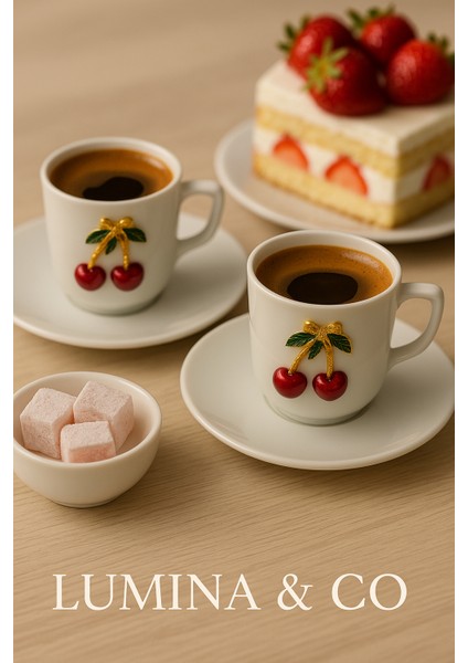 🍒 Kiraz Detaylı 2’li Porselen Kahve Fincan Takımı (4 Parça) – Lumina & Co modelleri