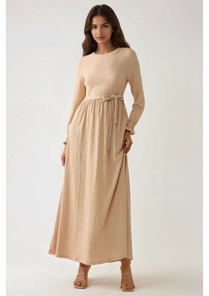 Kadın Dokulu Bisiklet Yaka Kuşaklı Modest Elbise Natural modelleri
