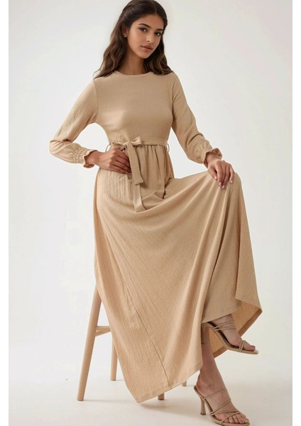 Kadın Dokulu Bisiklet Yaka Kuşaklı Modest Elbise Natural fırsatları