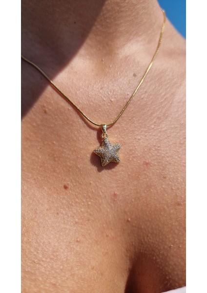 Zirkon Taşlı Yıldız Çelik Kolye Altın Rengi