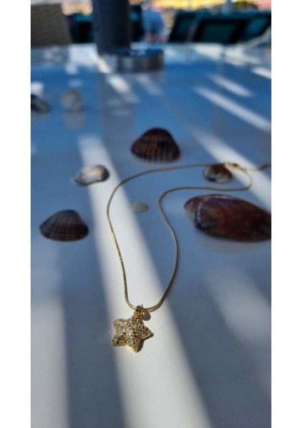 Zirkon Taşlı Yıldız Çelik Kolye Altın Rengi modelleri