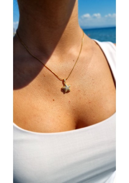 Zirkon Taşlı Yıldız Çelik Kolye Altın Rengi indirimleri