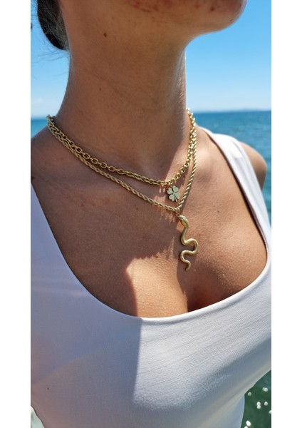 Yılan Yonca Ikili Zincir Altın Renk Çelik Kolye fırsatları